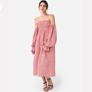 SLEEPER Atlanta Puff-Sleeve Linen Dress with matching hair bow Sz M #0032